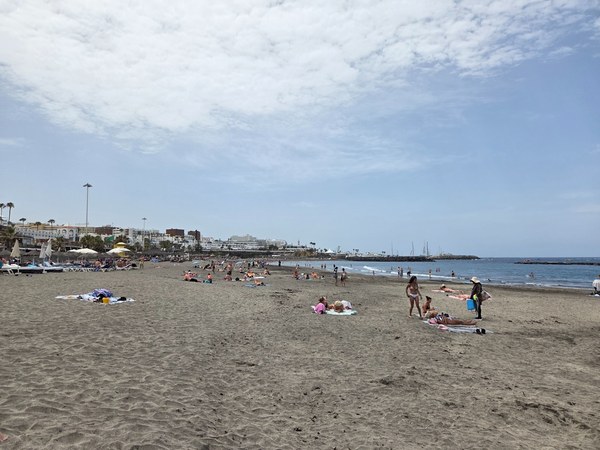 Panel informativo de Playa Fañabé en Costa Adeje con vista a la playa, sombrillas, palmeras y el océano.