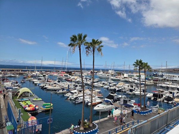 Panorámica de Puerto Colón en Costa Adeje con embarcaciones, pantalanes, palmeras y el océano al fondo.
