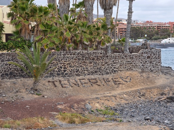Letrero de piedras con la palabra Tenerife junto a un muro de piedra y palmeras cerca de la costa.