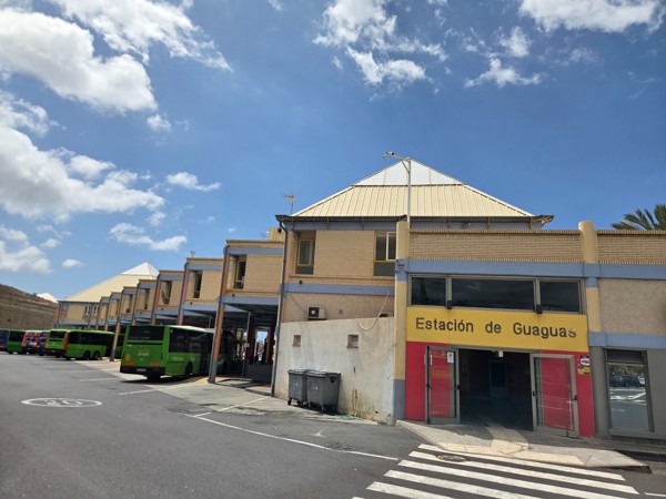 Exterior de la estación de guaguas de Adeje con varios autobuses verdes aparcados y cielo azul despejado.